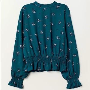 H&M Divided - Green Floral Blouse with Smocking